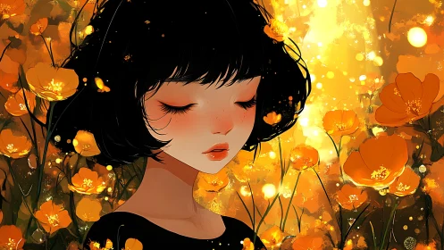 Girl with closed eyes stands glowing amid golden flowers