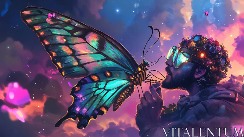 Man wearing jeweled headset faces large neon butterfly closely