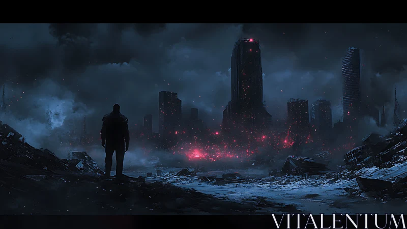 Lone figure surveys ruined city under burning red embers