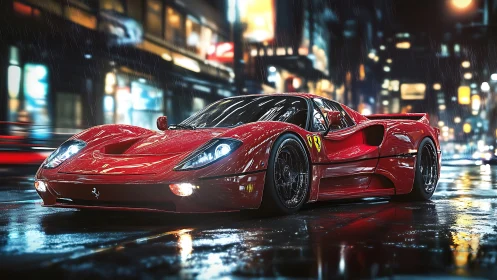 Red supercar cuts wet neon city street with razor gloss.