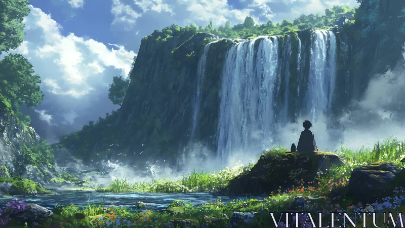 Solitary figure beside vast waterfall in lush valley.