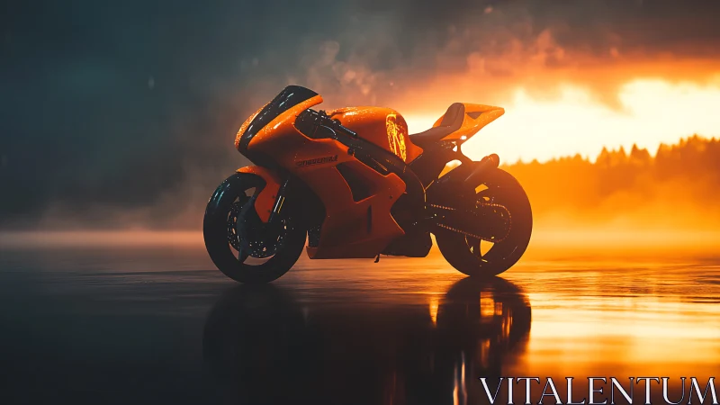 Futuristic orange superbike waits on misty sunset runway