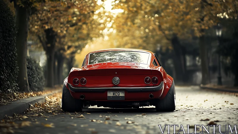 Red classic sports car idles on an autumn tree lined boulevard
