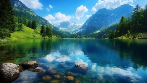 Photorealistic alpine lake with mirrored mountain reflections.