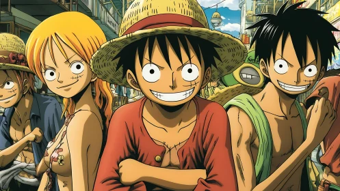 Anime adventurers stride through a bustling sunlit harbor street