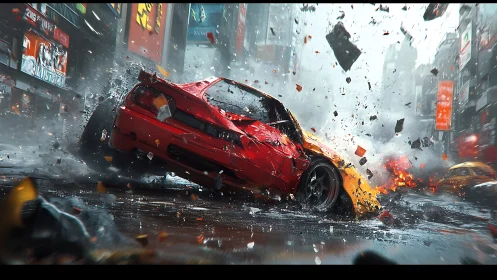 High-speed urban collision with red sports car impact debris