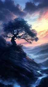 Twisted summit tree cradles dawn over mist-drenched valleys