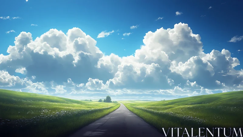 Straight country road under towering summer clouds.