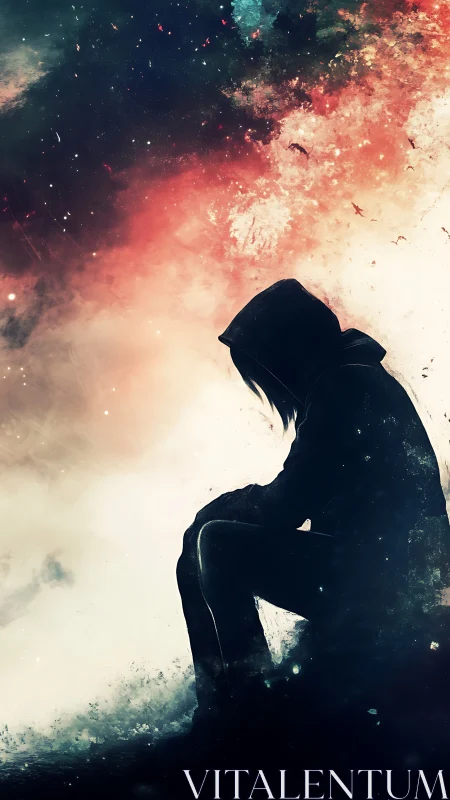 Silhouetted hooded figure sits against diffuse cosmic background