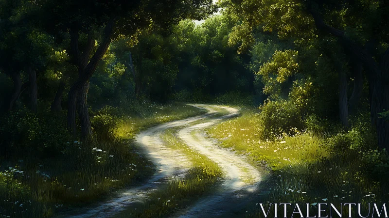 Winding Forest Path with Dappled Sunlight Through Canopy