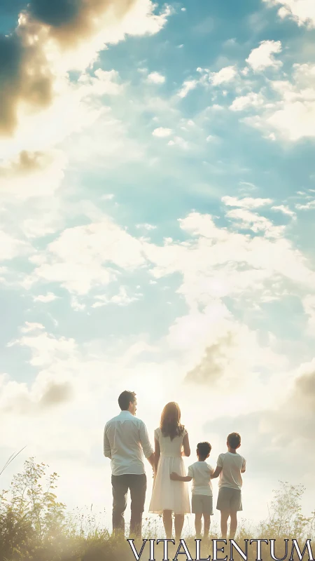 Family of four standing together under bright open sky.