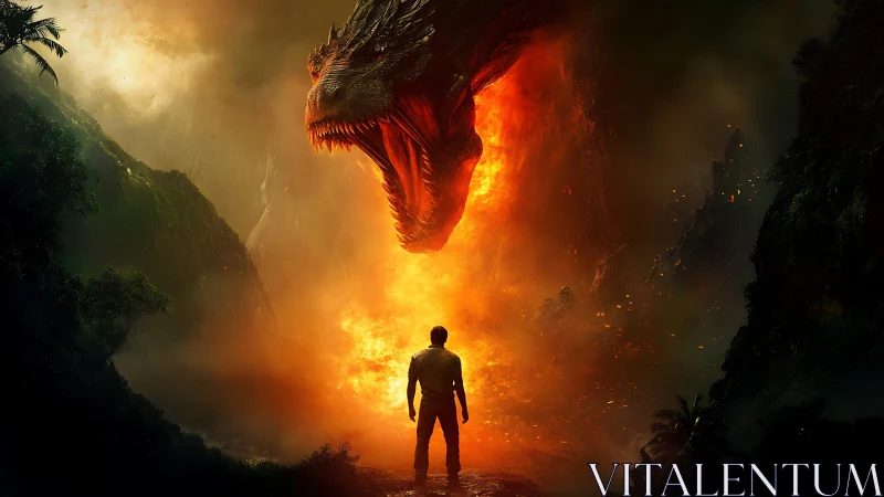 Brave explorer meets roaring dragon in a fiery jungle realm.