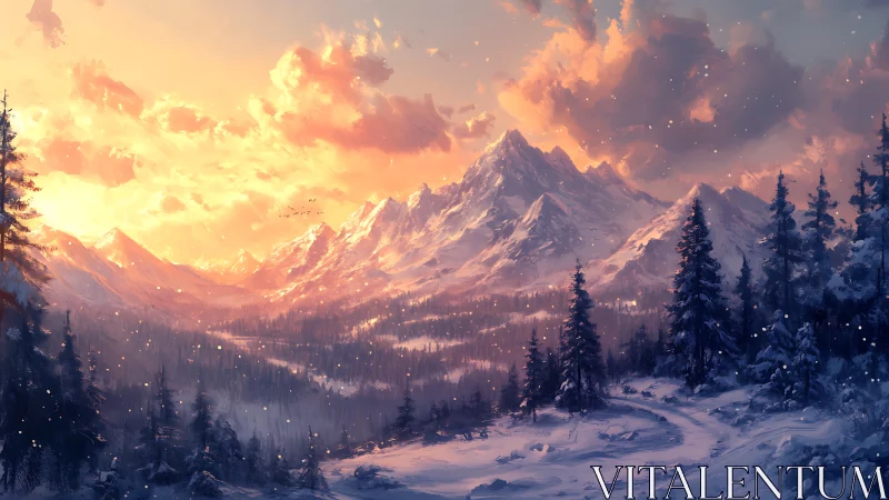 Sunlit winter peaks rise above dense snow-covered forest