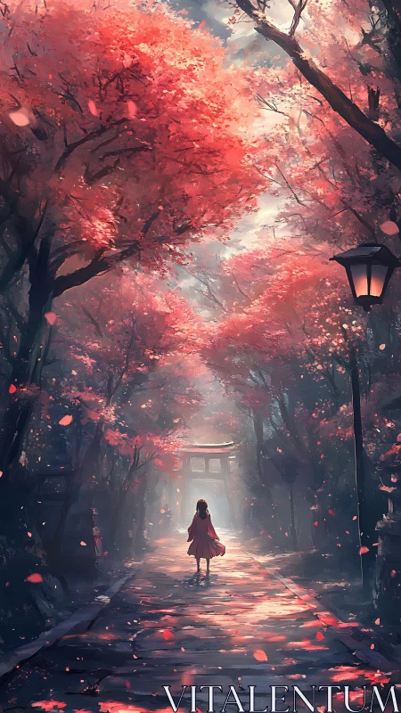 Girl walking under red trees on quiet shrine pathway.