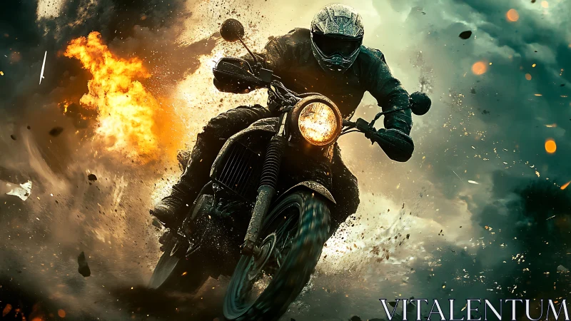 Motorcycle stunt rider charges through cinematic explosion.