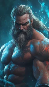 Mythic warrior portrait renders hyperreal musculature in teal light