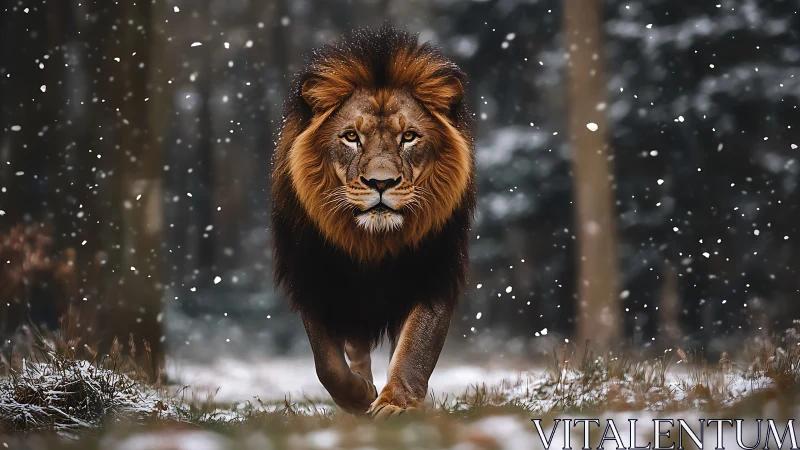 Lion strides through winter forest under falling snow.