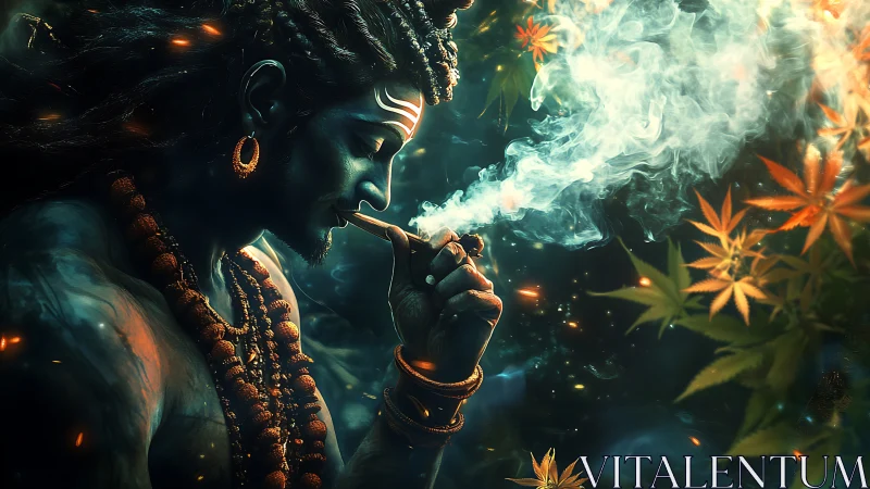 Divine yogi in glowing smoke with luminous autumn leaves.