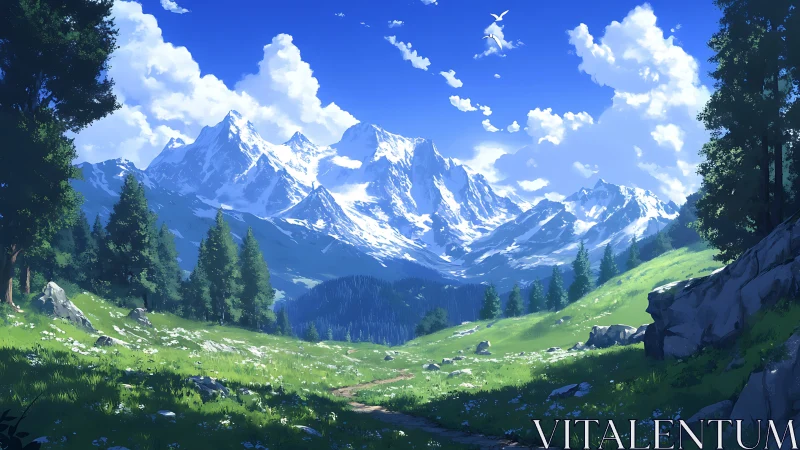 Sunlit alpine meadow with snow-capped peaks and deep aerial depth