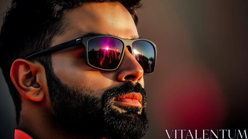 Close-up portrait shows man in sunglasses facing strong light