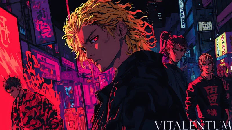 Blond gang leader stalks neon city street with tense crew