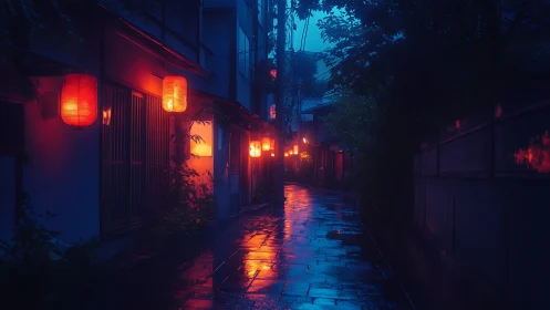 Rain-wet neon alley with glowing red lantern reflections.