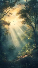Enchanted Forest Clearing with Golden Sunrays.