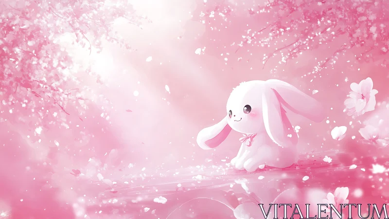 Blush-tinted bunny listens to cherry blossoms quietly falling