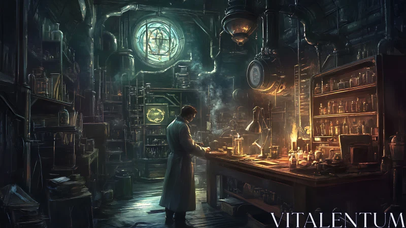 Solitary alchemist studies arcane science in a dusk-lit lab.