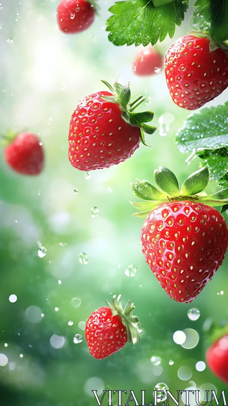 Ripe red strawberries hanging with water droplets in air.