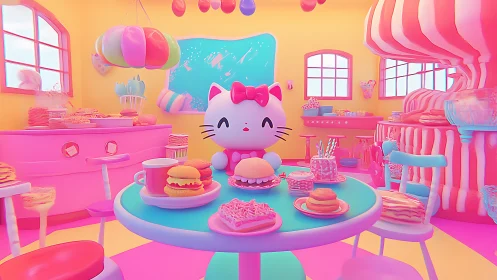 Kawaii cat mascot hosts neon dessert cafe feast.