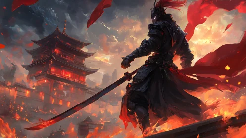 Armored warrior with sword facing burning pagoda at dusk.