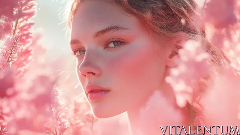 Soft pink portrait amid dreamy spring blossoms glow.