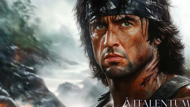 Battle-scarred warrior glares ahead in a stormy jungle