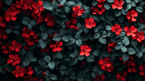 Overhead Botanical Composition: Vibrant Red Geraniums Against Deep Teal Foliage