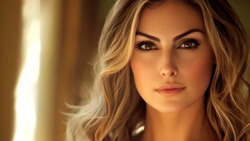 Photorealistic portrait of blonde woman in warm light.