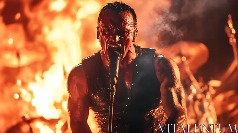 Metal vocalist roars before raging firelit concert backdrop.