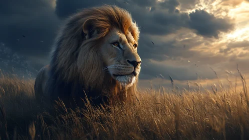 Cinematic lion portrait in stormlit savannah environment.