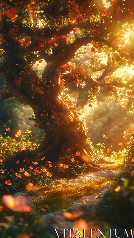 Luminescent Ancient Tree with Autumnal Radiant Foliage Canopy.