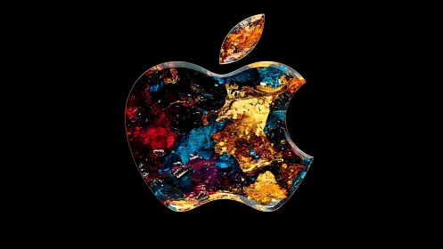 Prismatic apple emblem with molten cosmic textures.