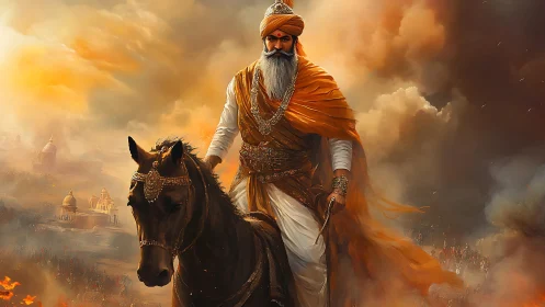 Storm-lit Sikh warrior king rides through embers of dawn.
