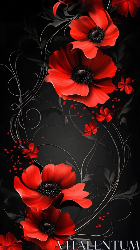 Red poppies bloom against darkness with ornamental flourishes.
