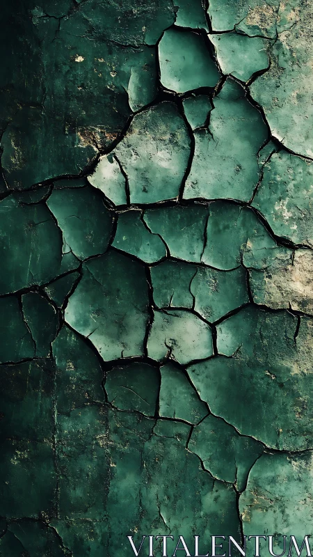 Emerald cracked paint texture forming abstract surface.