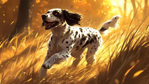 Spotted dog sprints through glowing autumn meadow light