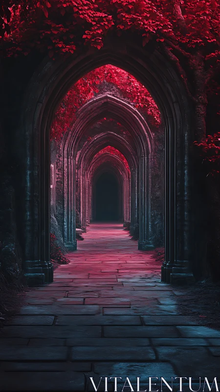 Gothic stone corridor with red foliage and receding arches.