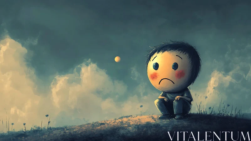 Melancholy moonfaced child beneath brooding watercolor skies.