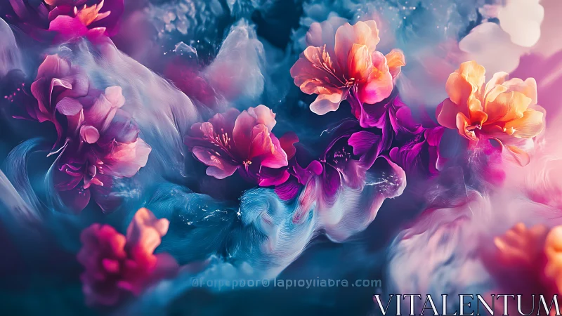 Dreamy pastel blossoms swirling in a soft cosmic breeze.