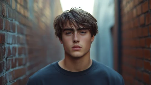 Shallow-depth alley portrait shows centered subject and soft bokeh