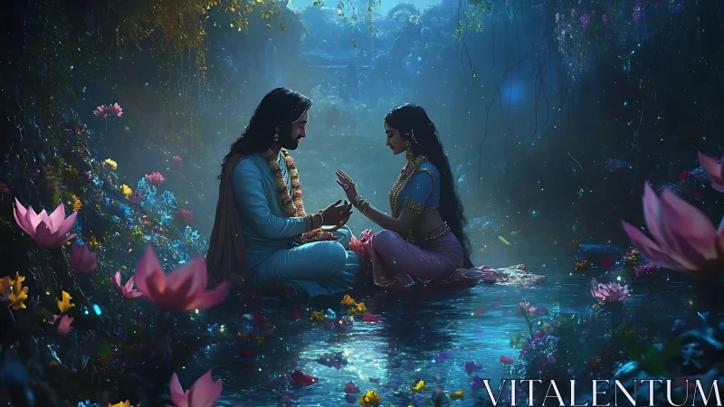Divine lovers share a moonlit moment in a lotus sanctuary.