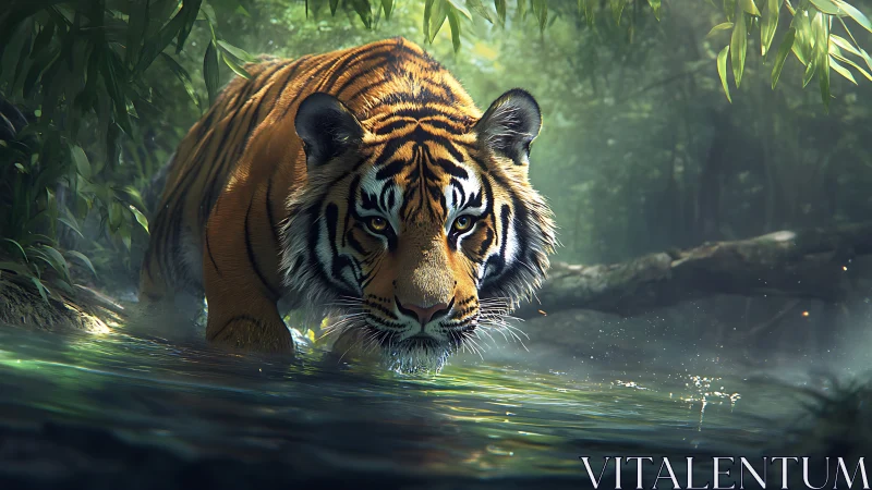 Calm jungle tiger stepping through shimmering forest water.